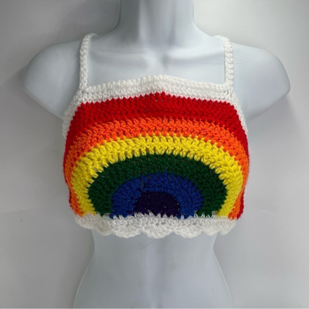 Handmade Napper brand rainbow crop top halter adjustable pride crochet XL NEW - Picture 5 of 16